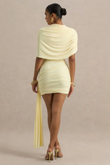 Farrah | Pale Lemon High-Neck Draped Mini Dress With Sash