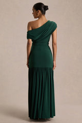 Kady | Dark Green Asymmetric-Neck Maxi Dress With Ruched Detailing