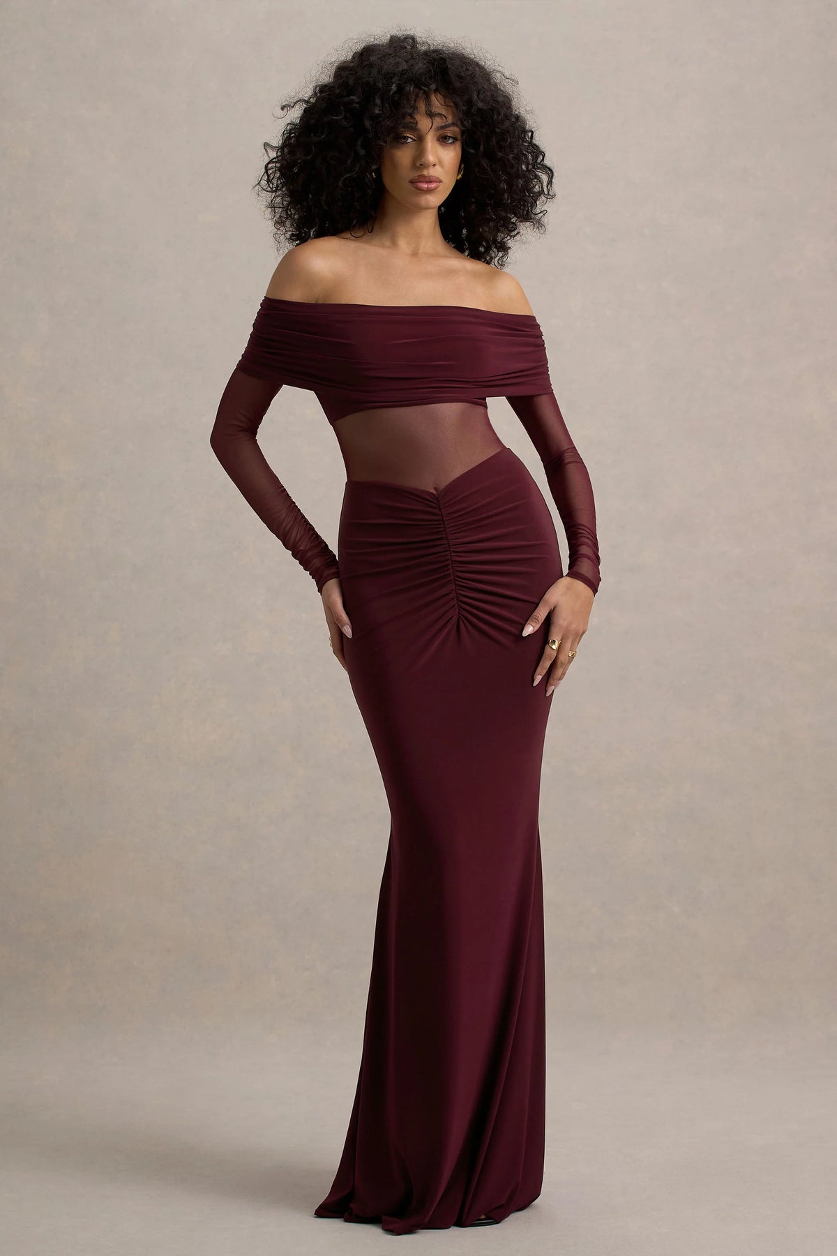 Ismeralda | Burgundy Mesh Ruched Bardot Maxi Dress