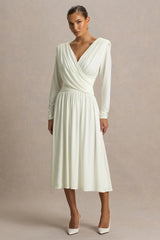 Alexis | Cream Plunge-Neck Midi Dress With Draped And Ruched Detailing