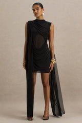 Riad | Black Chiffon Mini Dress With Sheer Bodice Two-Sleeve Cape
