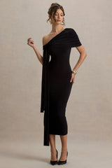 Praia | Black Asymmetric-Neck Maxi Dress With Sash and Draped Detailing