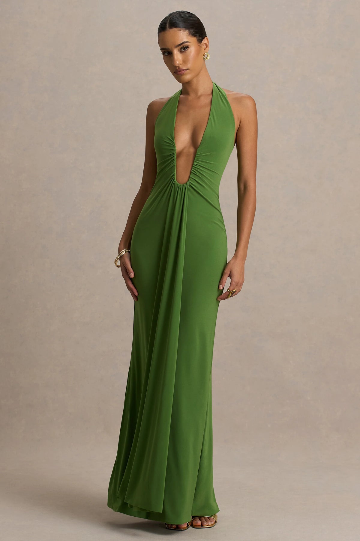 Hera | Green Extreme Plunge Maxi Dress With Ruched Detail