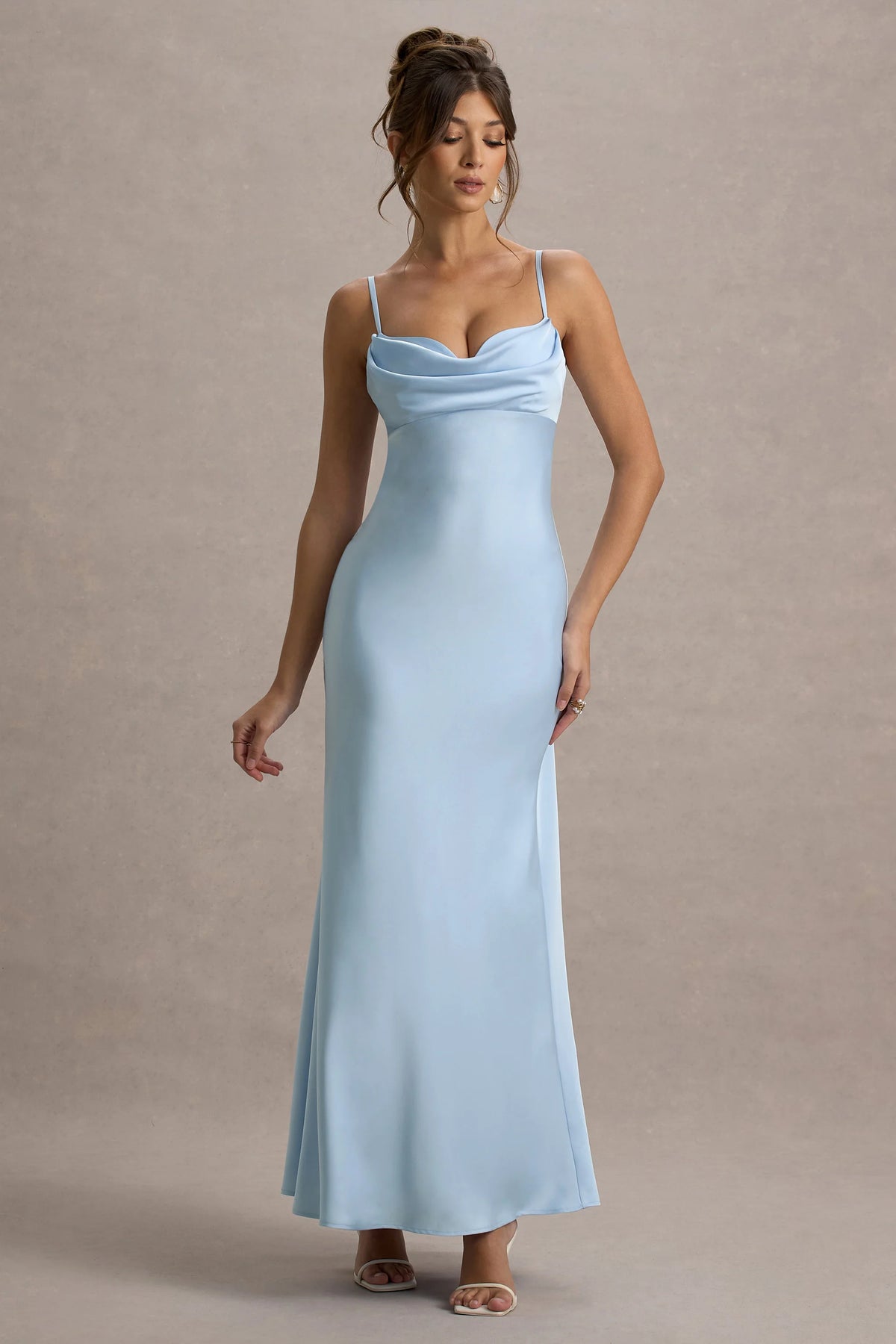 Eimear | Powder Blue Satin Draped Sweetheart Maxi Dress