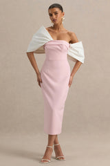 Lucille | Rose & Pink Asymmetric Bardot Midi Dress With Bow Detail