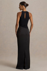 Akari | Black Crew-Neck Maxi Dress With Satin Skirt