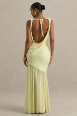 Meggie | Lemon Plunge-Neck Twisted Maxi Dress With Chiffon Skirt