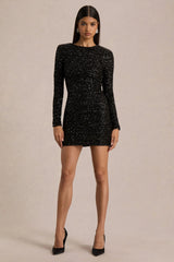 Mercedes | Black Sequin Boat-Neck Mini Dress With Draped Detail And Open Back