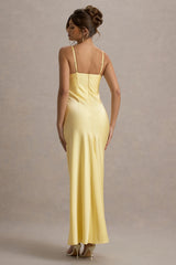 Eimear | Lemon Satin Draped Sweetheart Maxi Dress