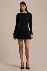 My Wish | Black Embellished Crew-Neck Mini Dress With Drop-Waist