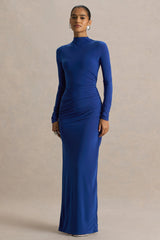 Alluring | Blue High Neck Maxi Dress With Ruched Detailing