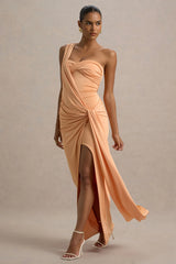 Erminia | Peach One-Shoulder Twist Wrap Maxi Dress