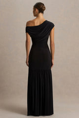 Kady | Black Asymmetric-Neck Maxi Dress With Ruched Detailing