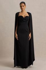 Wren | Black Satin Plunge-Neck Maxi Dress With Cape Sleeves