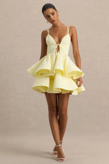 Flavia | Lemon Linen Plunge-Neck Ruffled Skater Micro-Mini Dress