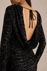 Mercedes | Black Sequin Boat-Neck Mini Dress With Draped Detail And Open Back