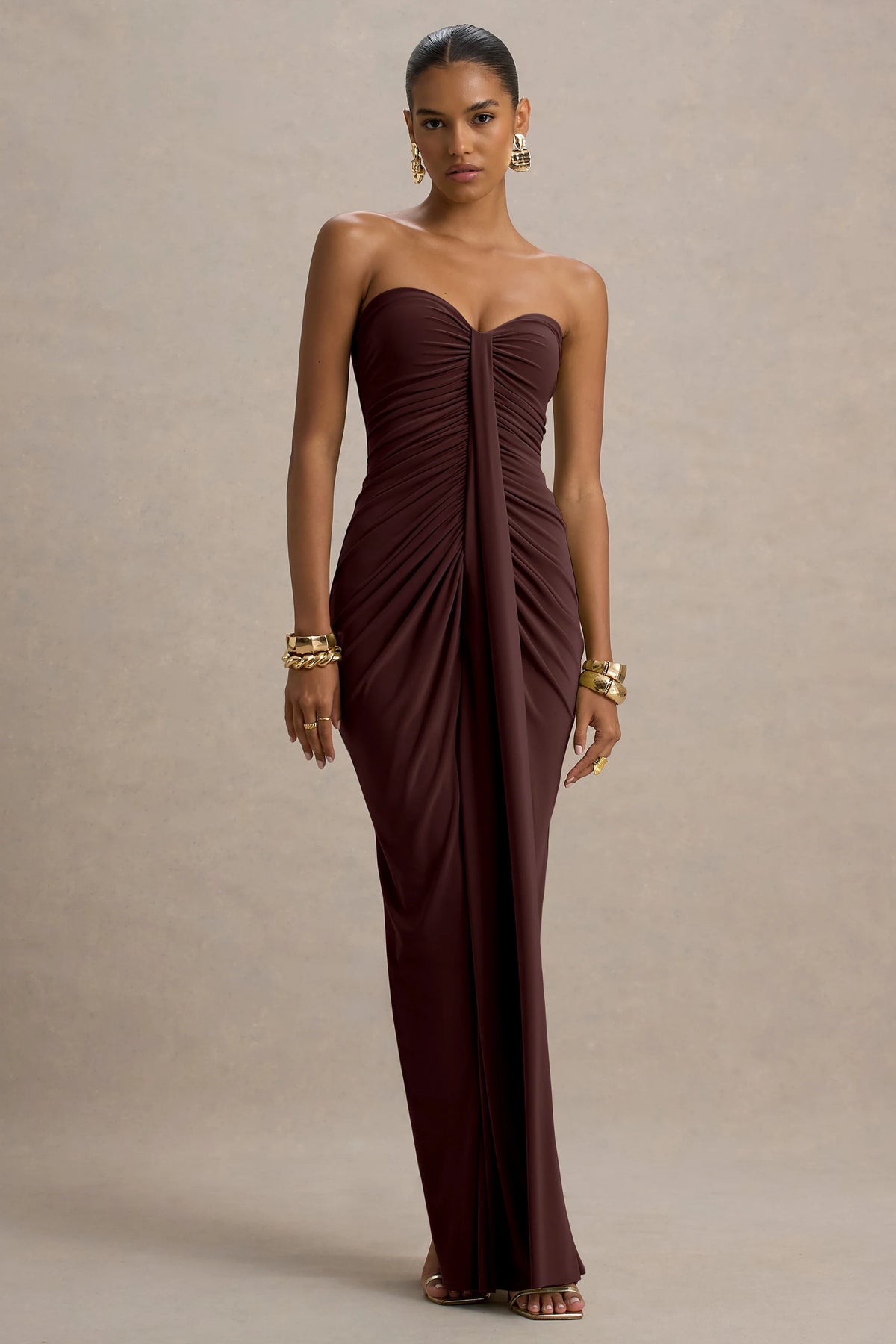Ali | Warm Brown Sweetheart Ruched Wrap Maxi Dress