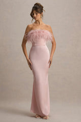 Dress For It | Pale Pink Satin Feather Trim Bandeau Maxi Dress