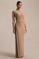 Solene | Brown High-Neck Maxi Dress With Wrap And Drape Detail