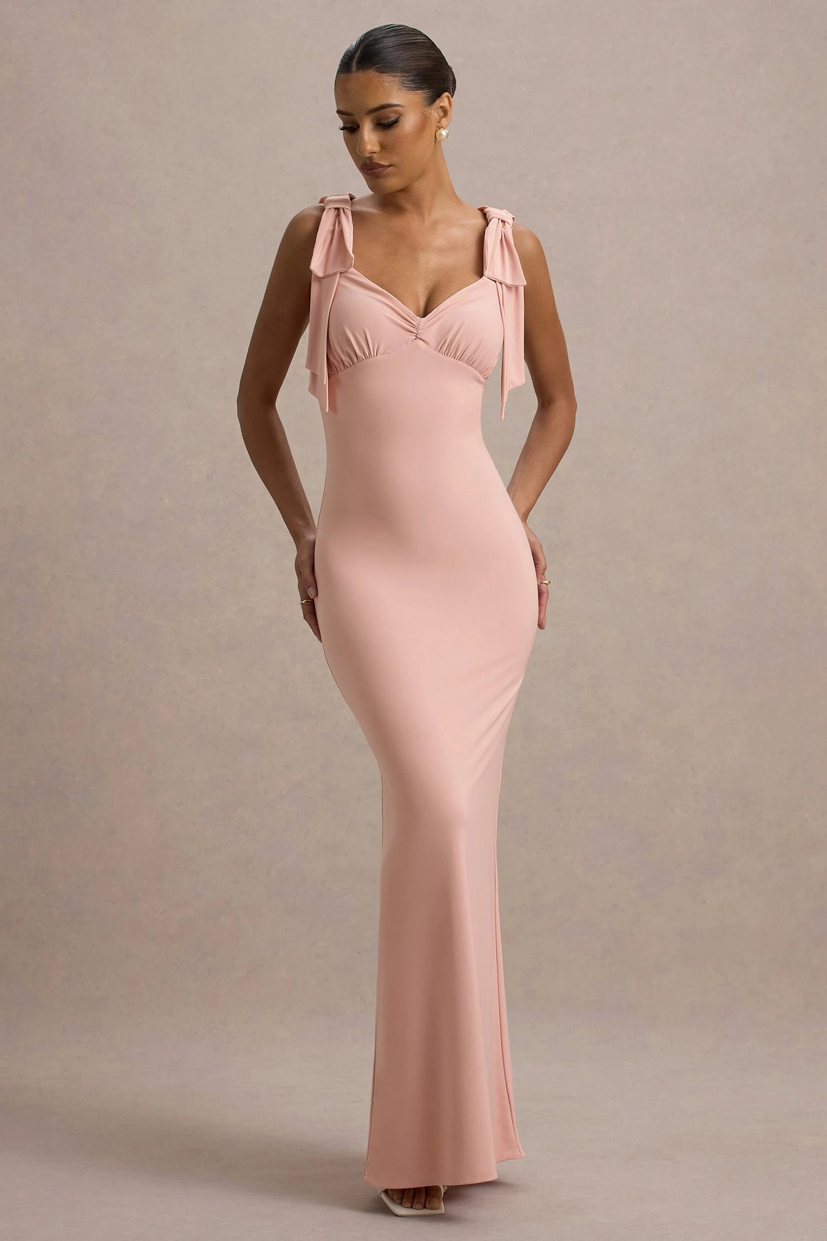 Evanna | Pink V-Neck Maxi Dress With Bow Straps