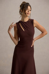 Francesca | Brown Knotted Midi Dress With Handkerchief Hem