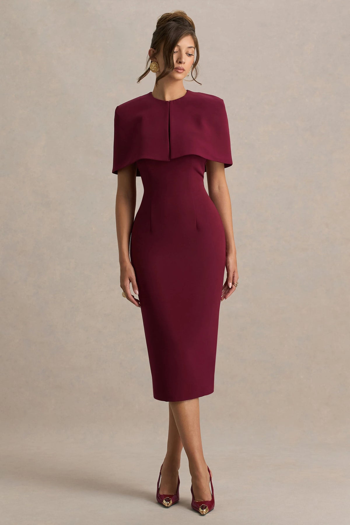 Baylor | Burgundy Midi-Dress With Cape-Detail