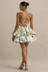 Flavia | White Botanical Print Linen Plunge-Neck Ruffled Skater Micro-Mini Dress