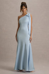 Here For Love | Powder Blue Satin Asymmetric Maxi Dress With Bow
