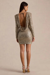 Mercedes | Champagne Sequin Boat-Neck Mini Dress With Draped Detail And Open Back