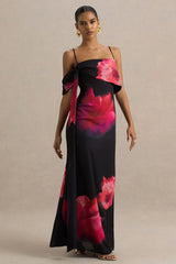 Leonara | Black And Pink Floral Print Cowl-Neck Maxi Dress With One-Sleeve