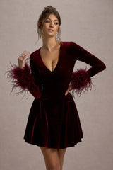 Pasilla | Port Velvet Plunge-Neck Feather Trim Mini Dress