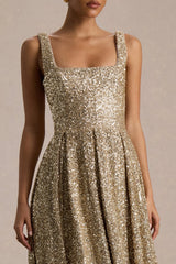 Lima | Champagne Sequin Square-Neck A-Line Midi Dress