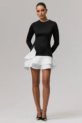 Lucinda | Black & White Long-Sleeve Mini Dress With Ruffle Hem