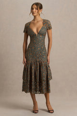 Sabrina | Dark Green And Rust Embroidered Plunge-Neck Midi Dress