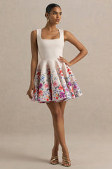 Gemstone | Light Pink Floral Print Square-Neck Skater Mini Dress