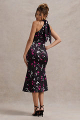Violette | Black Ditsy Floral Print Satin High-Neck Split Midi Dress