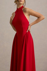 Cynthia | Red High-Neck Maxi Dress With Volume Skirt