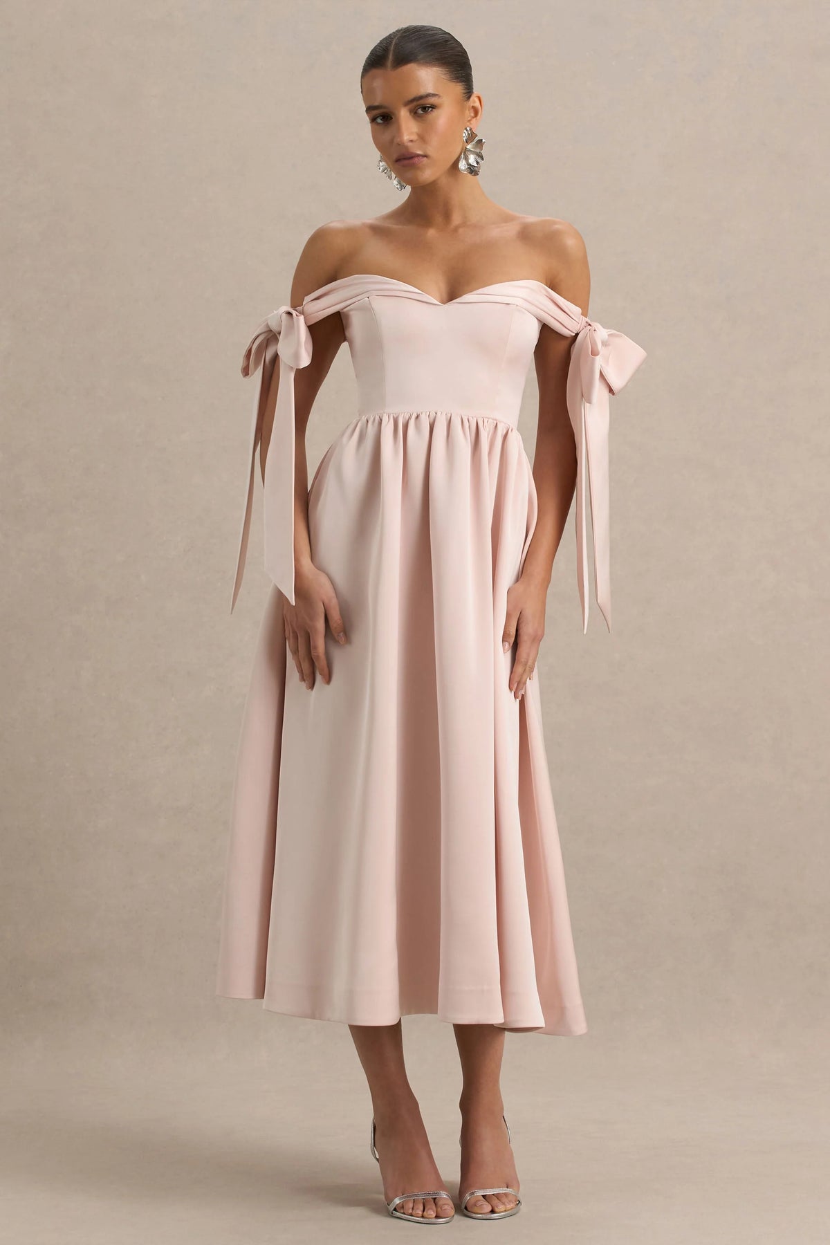 Agafay | Rose Pink Satin Short-Sleeve Bardot Wrap Midi Dress With Bow Detail