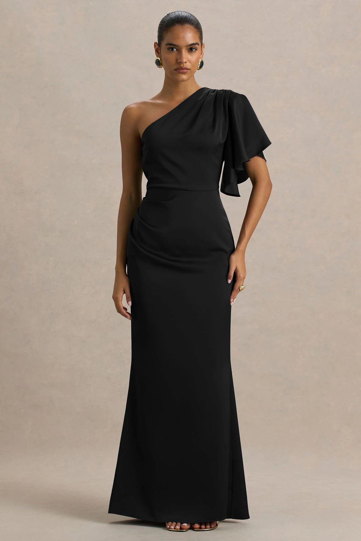 Unforgettable | Black Asymmetric-Neck Maxi Dress With Ruffled Detailing