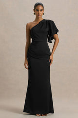 Unforgettable | Black Asymmetric-Neck Maxi Dress With Ruffled Detailing
