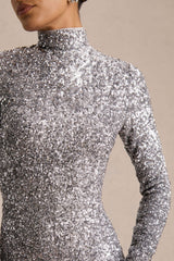 Galaxy | Silver Sequin Turtle-Neck Long-Sleeve Maxi Dress