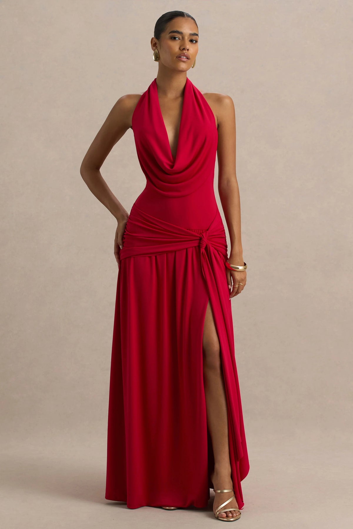 Mist | Red Plunge-Neck Maxi Dress With Knot-Detail And Open-Back