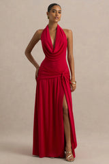 Mist | Red Plunge-Neck Maxi Dress With Knot-Detail And Open-Back