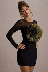 Ruchi | Black Sheer Mini Dress With Corsage Detail