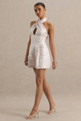 Sharie | Cream Floral Print Jacquard Halter-Neck Playsuit With Cut-Out Detail