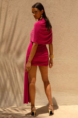 Farrah | Hot Pink High-Neck Draped Mini Dress With Sash