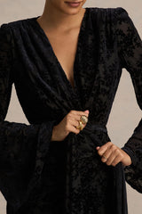 Vicenta | Black Velvet Devore Plunge-Neck Wrap Mini Dress