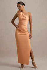 Janette | Peach Satin One-Shoulder Split Maxi Dress With Corsage