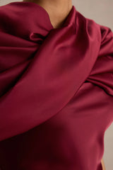 Yoli | Burgundy Satin Maxi Dress With Removable Twist-Cape