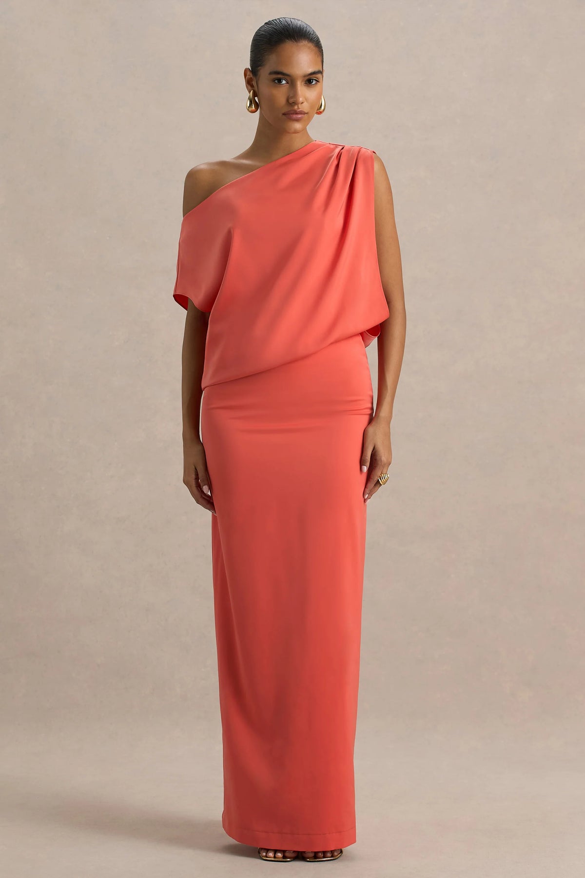 Ronnie | Coral Satin Asymmetric-Neck Maxi Dress With Draping Detail